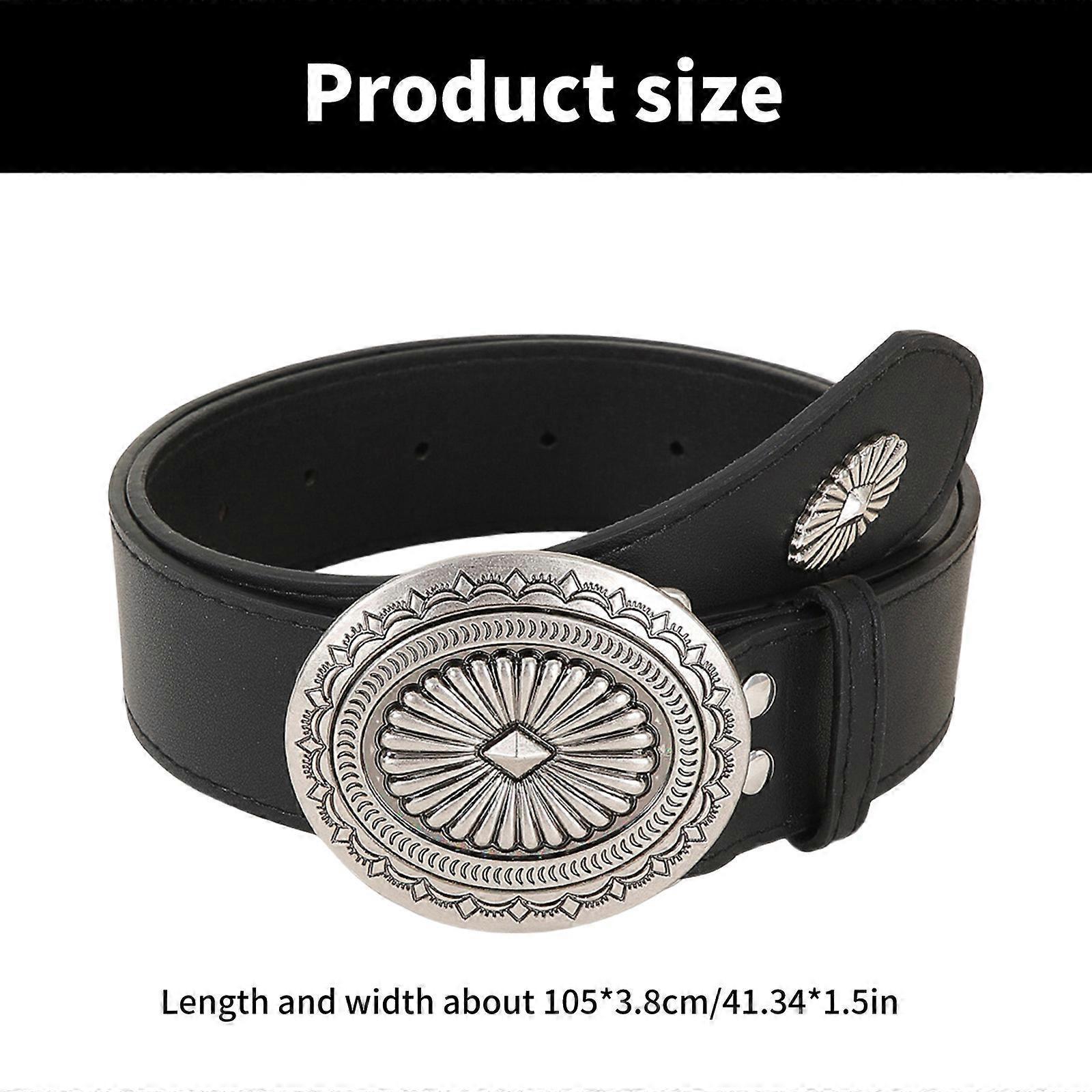 Vintage Adjustable Leather Wide Belt, Western Style with Aluminum Buckle Black - Image 3