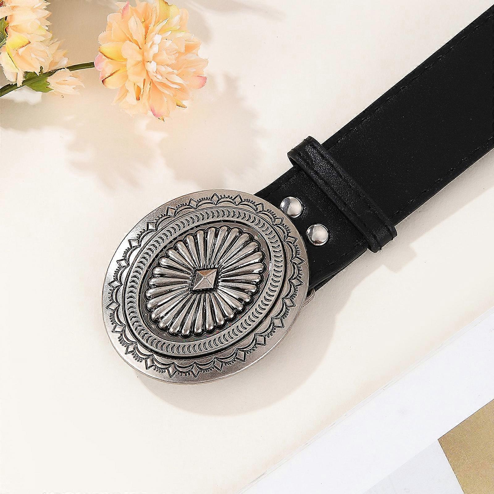 Vintage Adjustable Leather Wide Belt, Western Style with Aluminum Buckle Black - Image 5