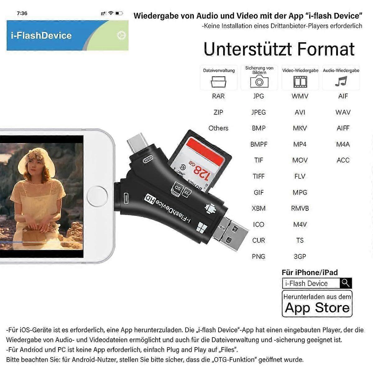 4-in-1 Mobile Phone Card Reader, TF/SD Memory Card Storage Adapter for Data Transfer - Image 3