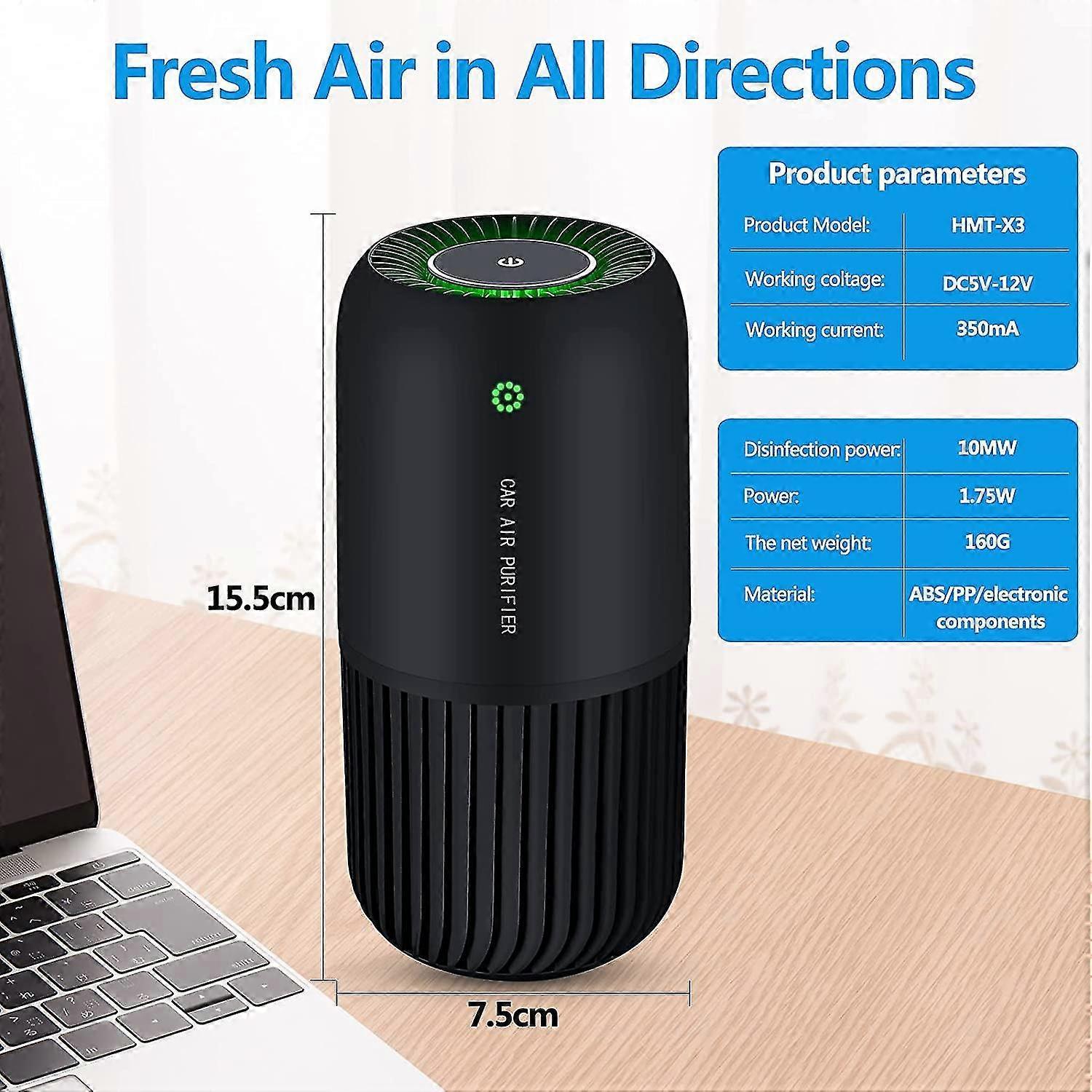 Air Purifier with Filter Removes Smoke Dust for Car & Office Use - Black - Image 2