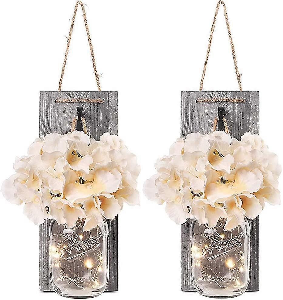 Rustic Mason Jar LED String Lights with Silk Hydrangea, Set of 2 - Image 1