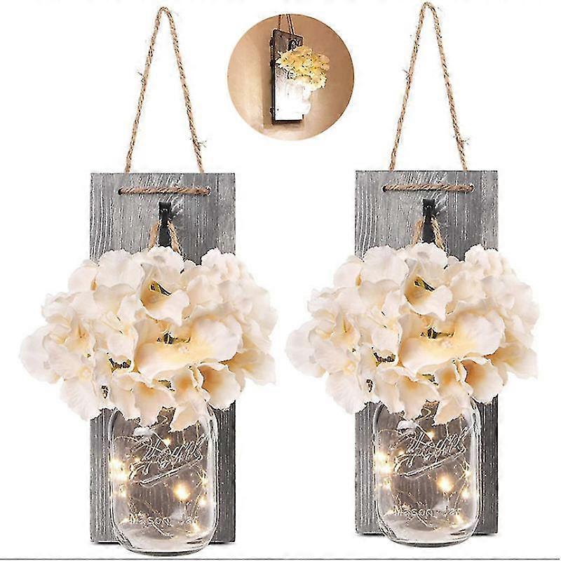 Rustic Mason Jar LED String Lights with Silk Hydrangea, Set of 2 - Image 2