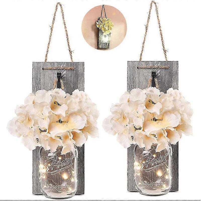 Rustic Mason Jar LED String Lights with Silk Hydrangea, Set of 2 - Image 3