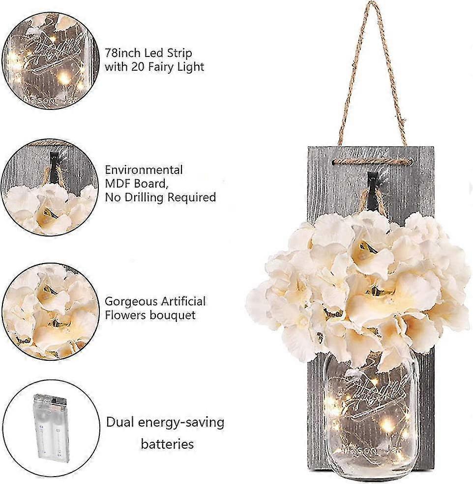 Rustic Mason Jar LED String Lights with Silk Hydrangea, Set of 2 - Image 4