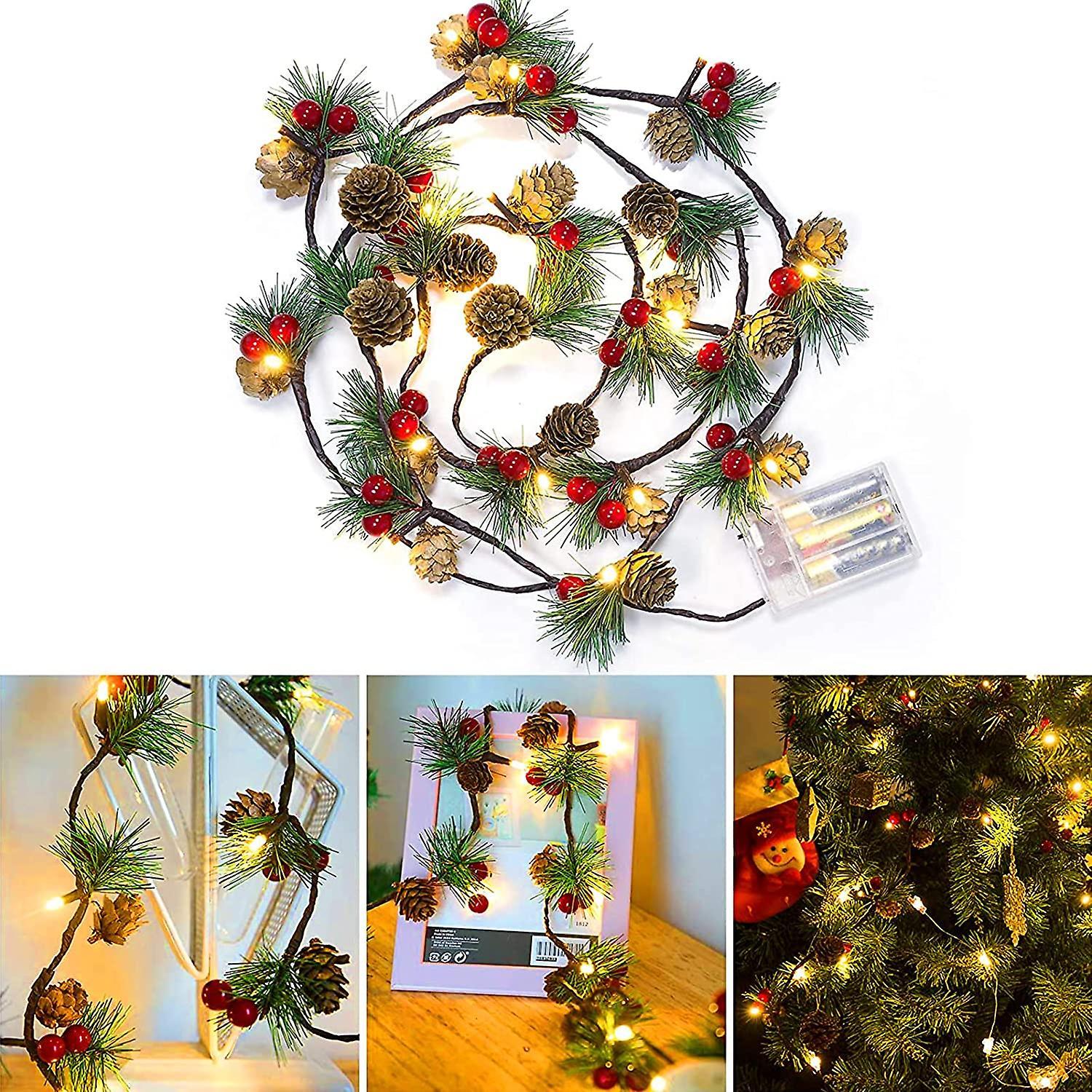 3M 30 LED Pinecone String Lights, Battery Powered, Xmas Red Berries Decor (2 Pack) - Image 1