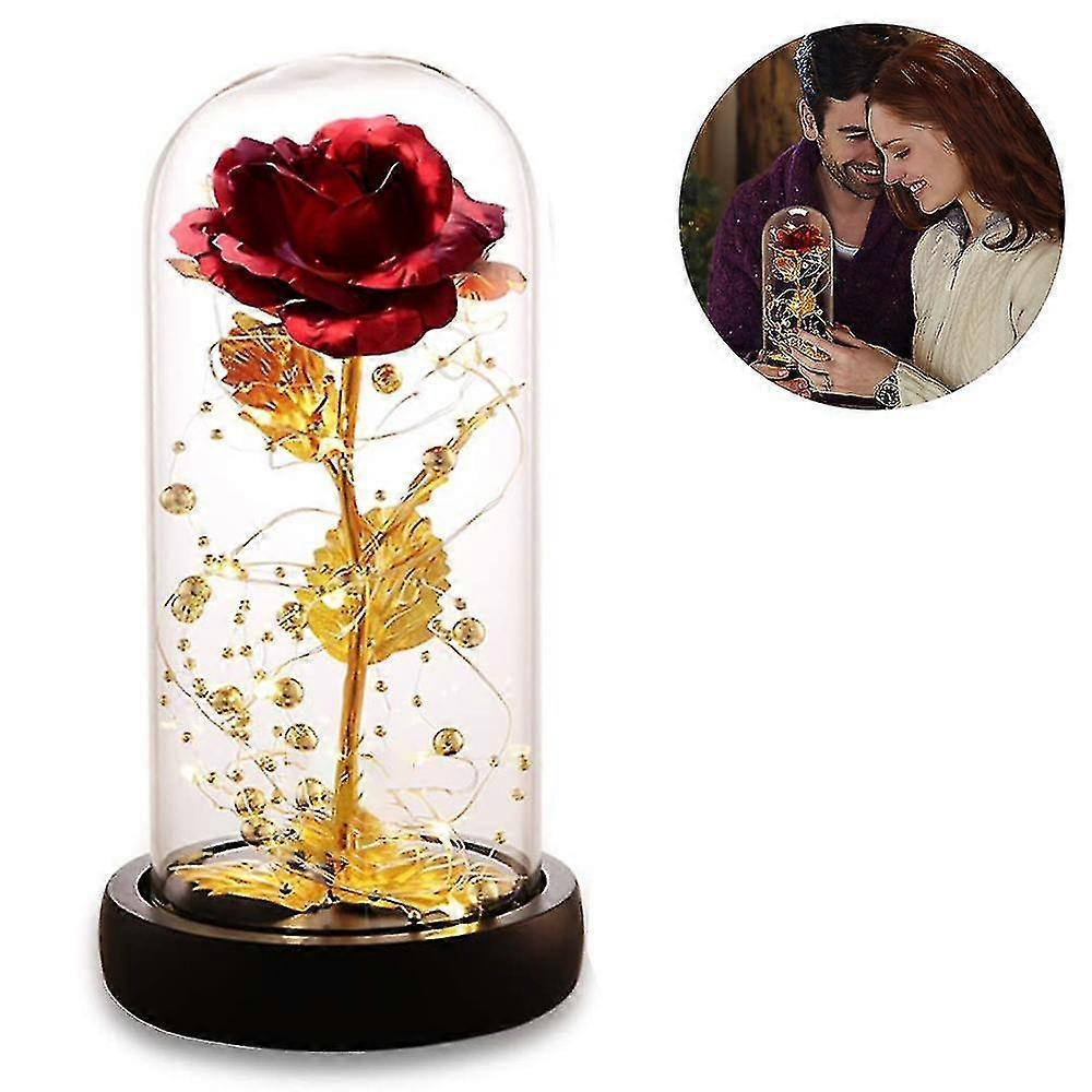 Silk Rose Gold Foil Leaf LED String Lights on Glass Dome with Wooden Base - Image 1