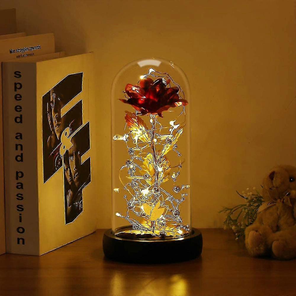 Silk Rose Gold Foil Leaf LED String Lights on Glass Dome with Wooden Base - Image 4