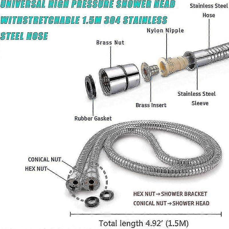 Water Saving Shower Head with 1.5m Hose, Bathroom Handheld - Image 5