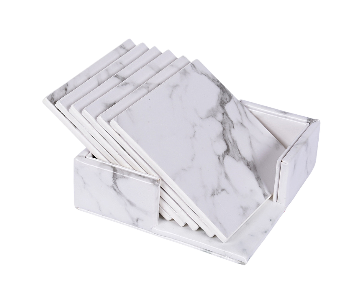 6Pcs Faux Leather Marble Coasters Cup Mat Pad Holder Placemat Dining Table Decor- G - Image 1