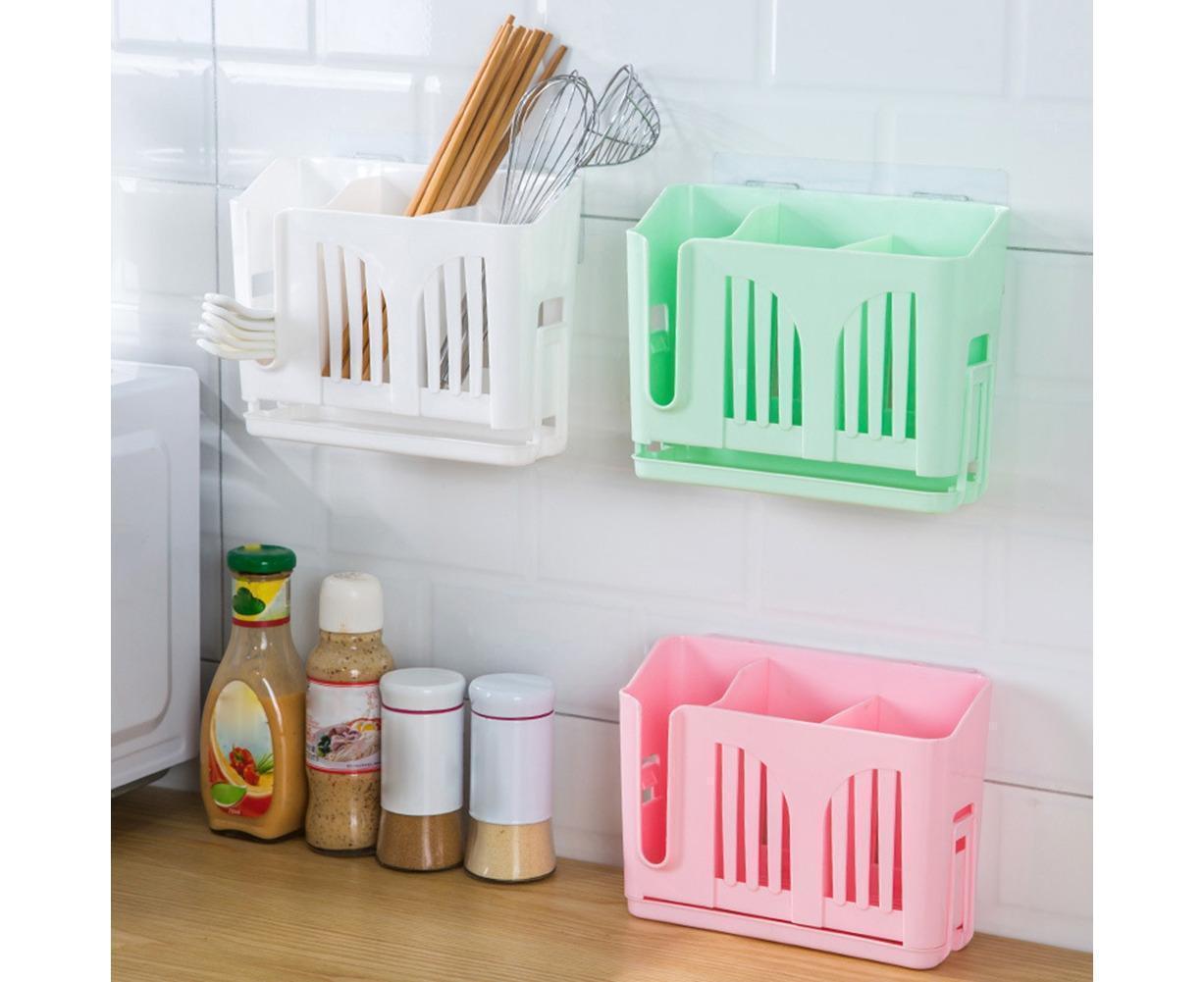 Home Chopsticks Cage Wall-mounted Drain Storage Rack Fork Knife Spoon Holder-Beige - Image 2