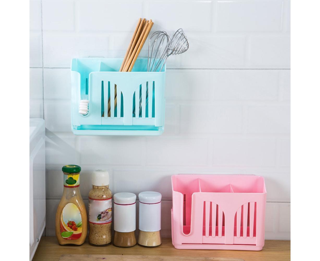 Home Chopsticks Cage Wall-mounted Drain Storage Rack Fork Knife Spoon Holder-Beige - Image 3