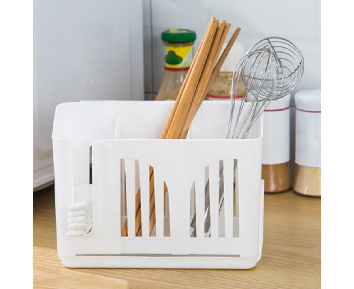 Home Chopsticks Cage Wall-mounted Drain Storage Rack Fork Knife Spoon Holder-Beige - Image 4