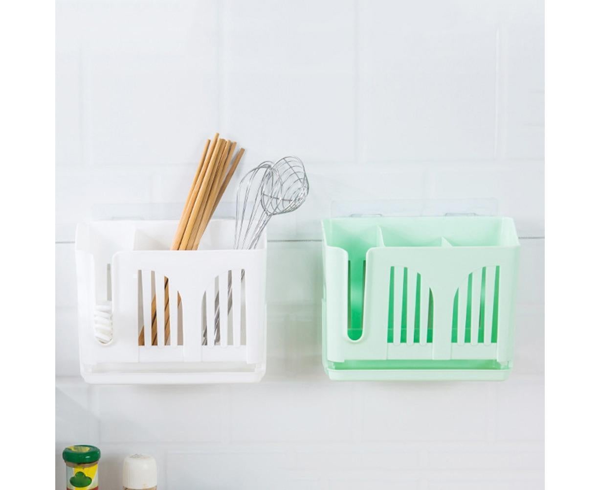Home Chopsticks Cage Wall-mounted Drain Storage Rack Fork Knife Spoon Holder-Beige - Image 5