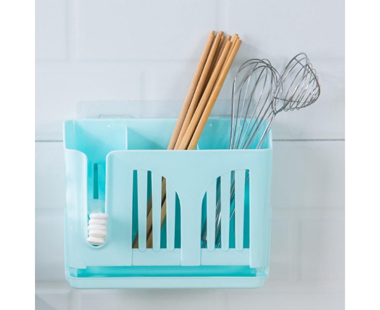 Home Chopsticks Cage Wall-mounted Drain Storage Rack Fork Knife Spoon Holder-Beige - Image 6