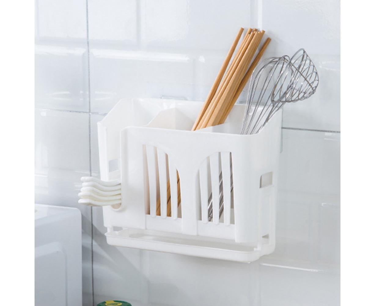 Home Chopsticks Cage Wall-mounted Drain Storage Rack Fork Knife Spoon Holder-Beige - Image 8
