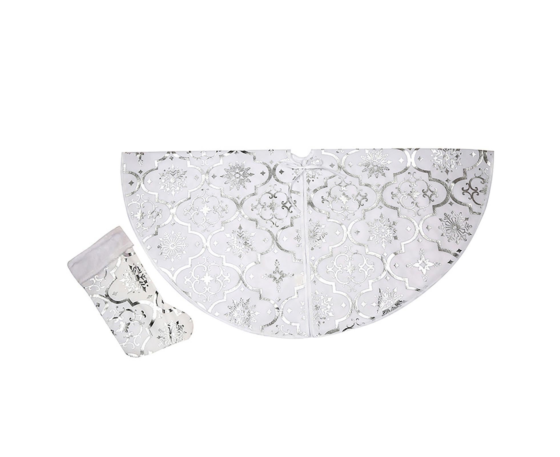Tree Skirt Polyester Snowflake Pattern Tree Carpet-White - Image 1