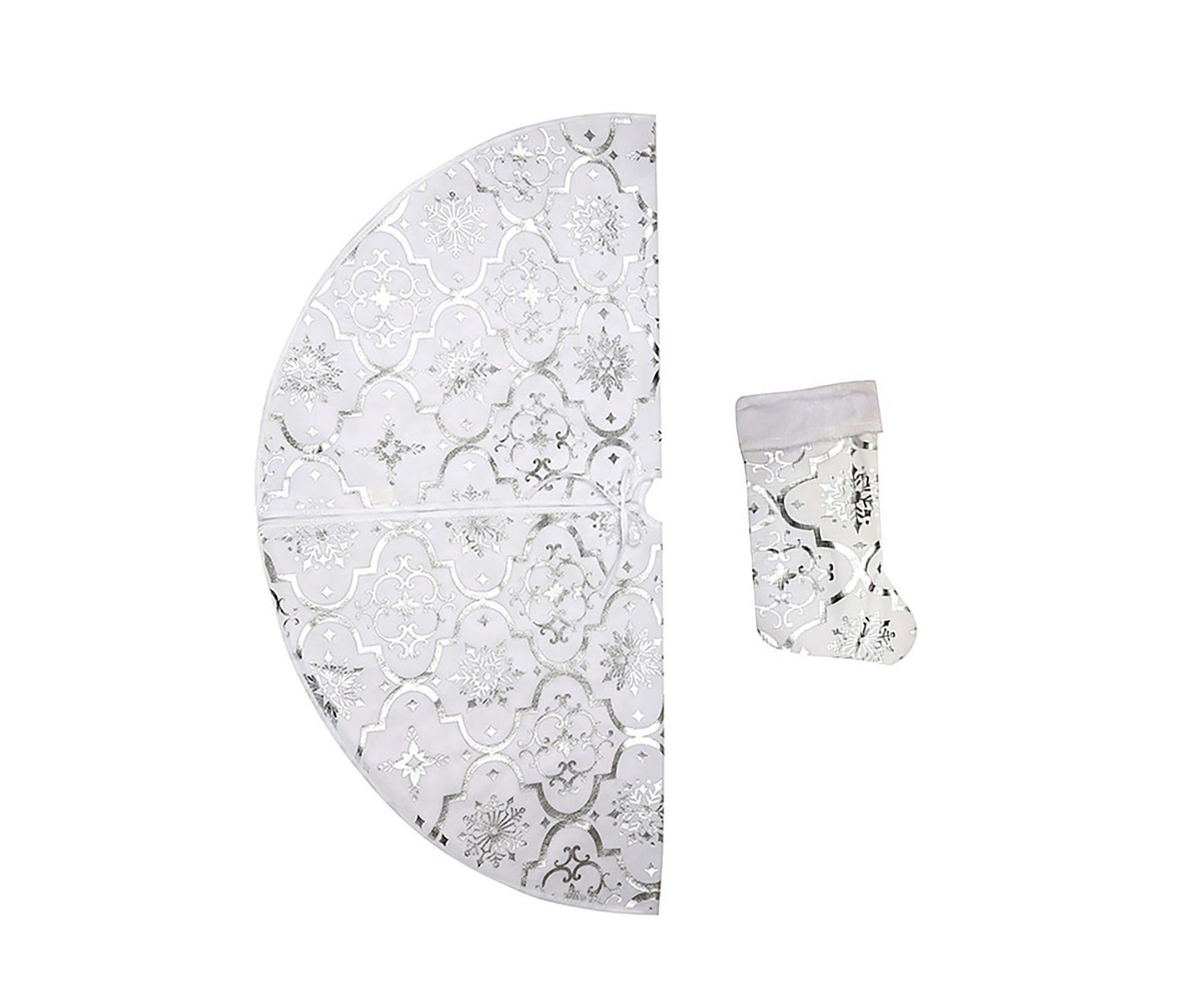 Tree Skirt Polyester Snowflake Pattern Tree Carpet-White - Image 2