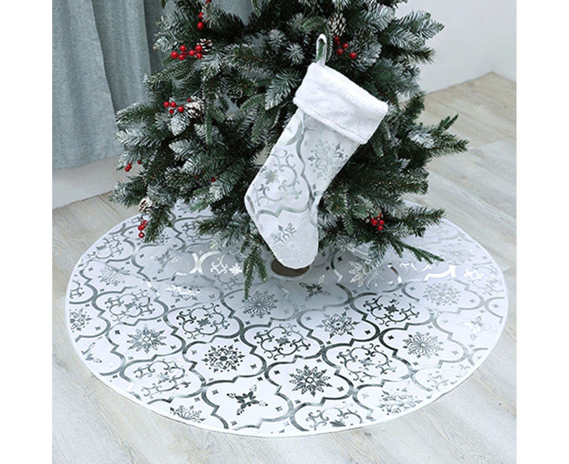 Tree Skirt Polyester Snowflake Pattern Tree Carpet-White - Image 4