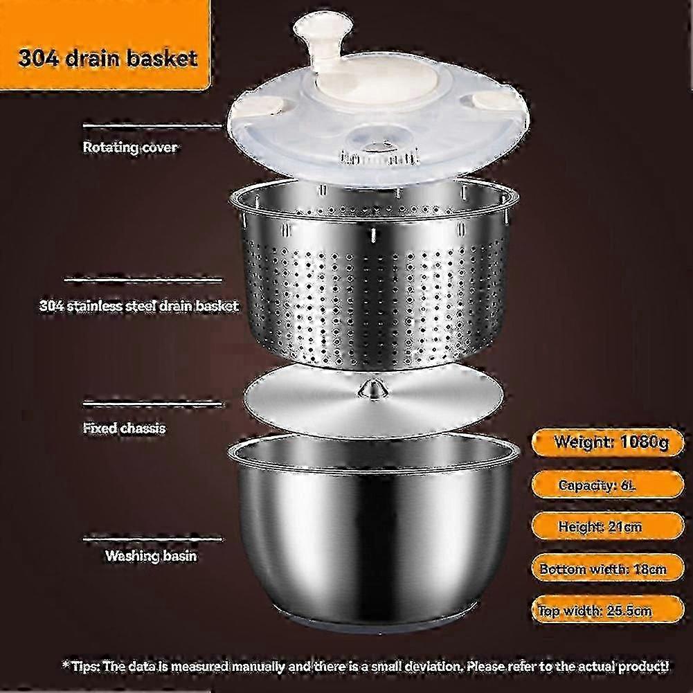 6L Stainless Steel Salad Spinner with PP Lid, Fruit & Veg Washer - Image 4