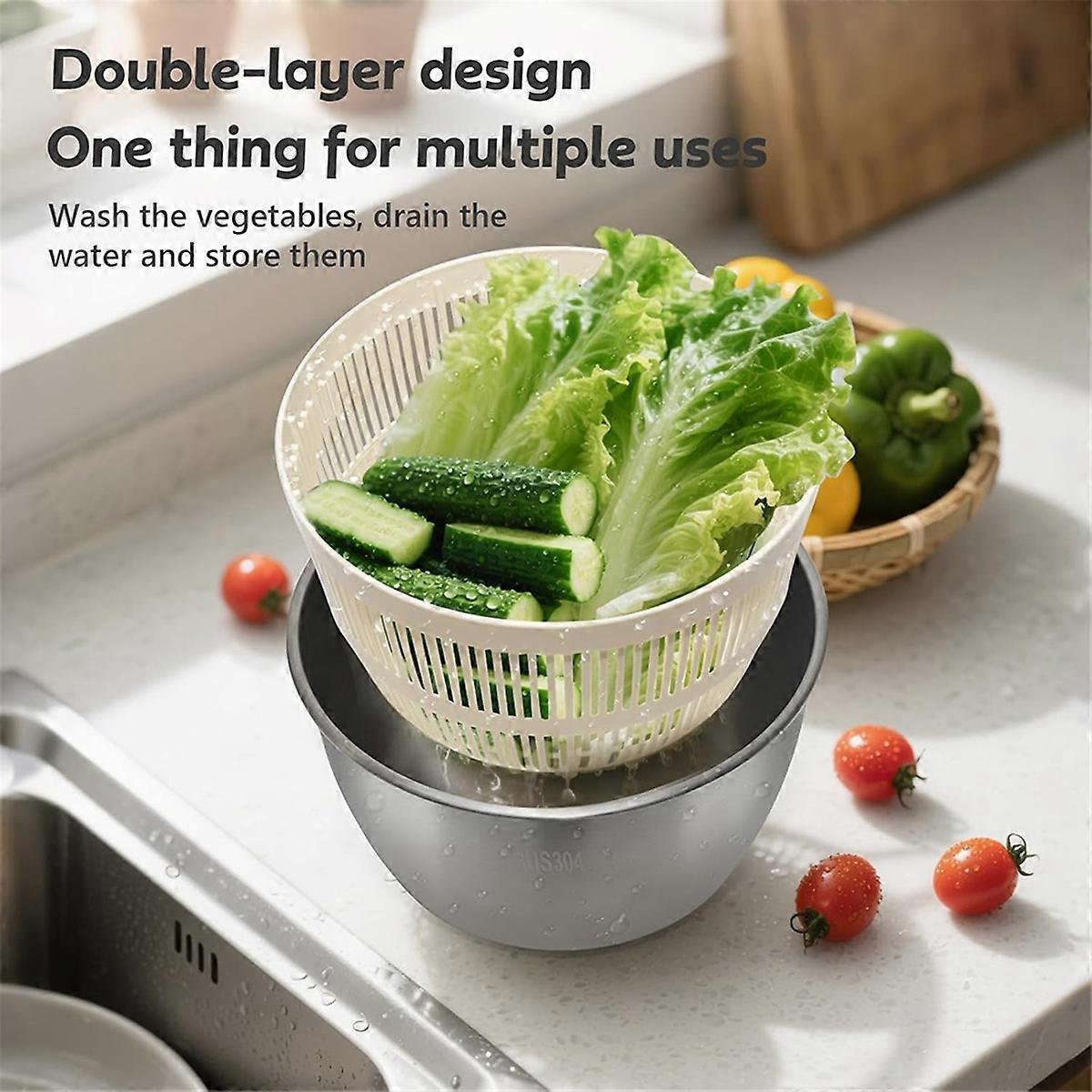 Stainless Steel Salad Spinner with Lid & Drain Basin Frame - Image 3