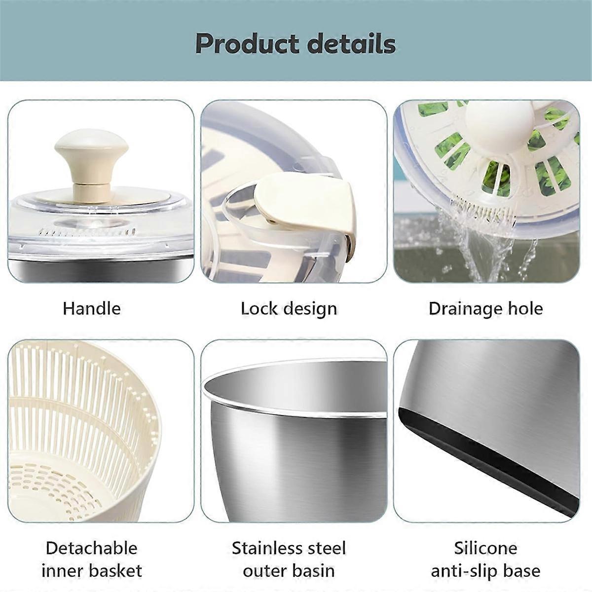 Stainless Steel Salad Spinner with Lid & Drain Basin Frame - Image 5