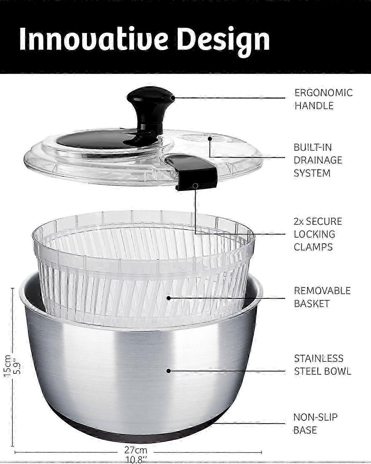 Large Stainless Steel Salad Spinner Easy Compact Kitchen Tool - Image 3