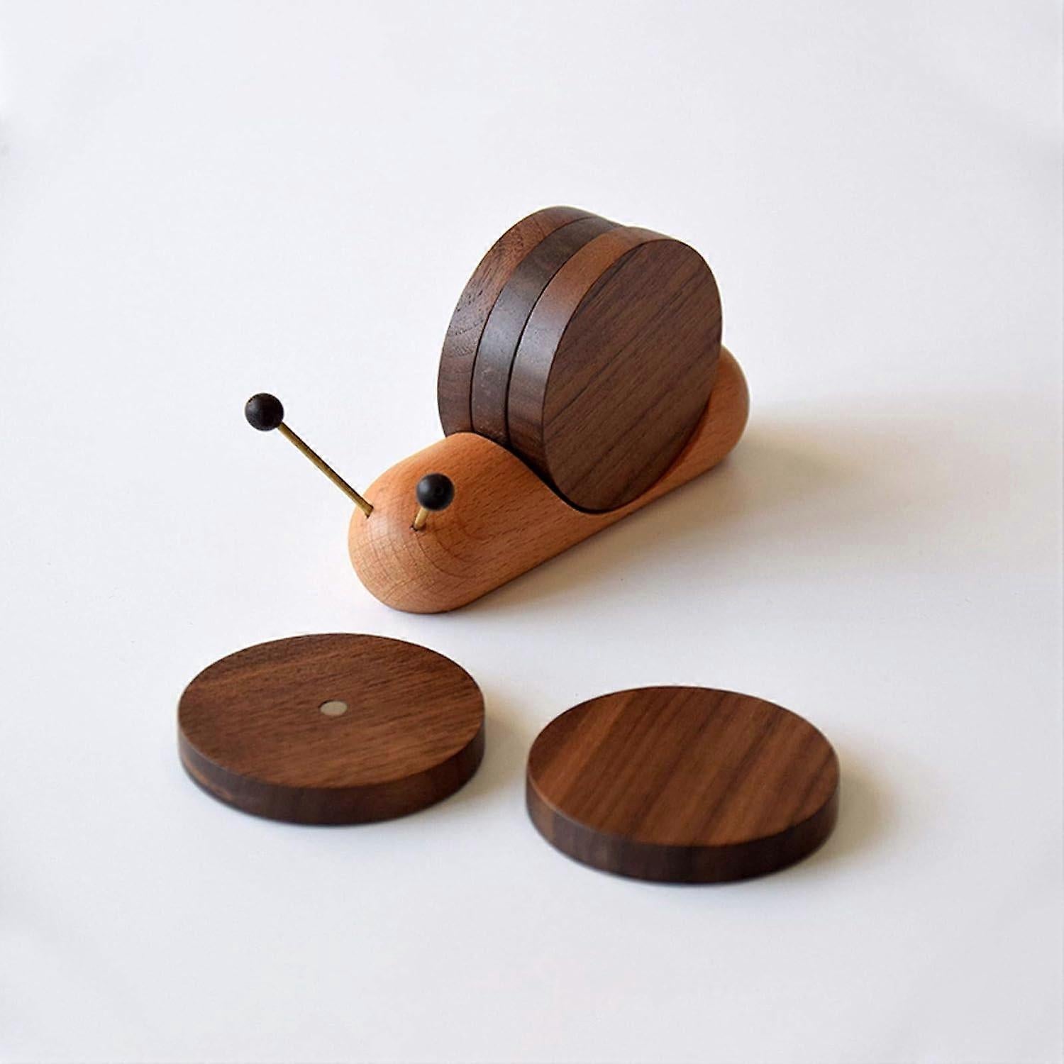 Round Wooden Coaster Set Funny Snail Shape Black Walnut - Image 2