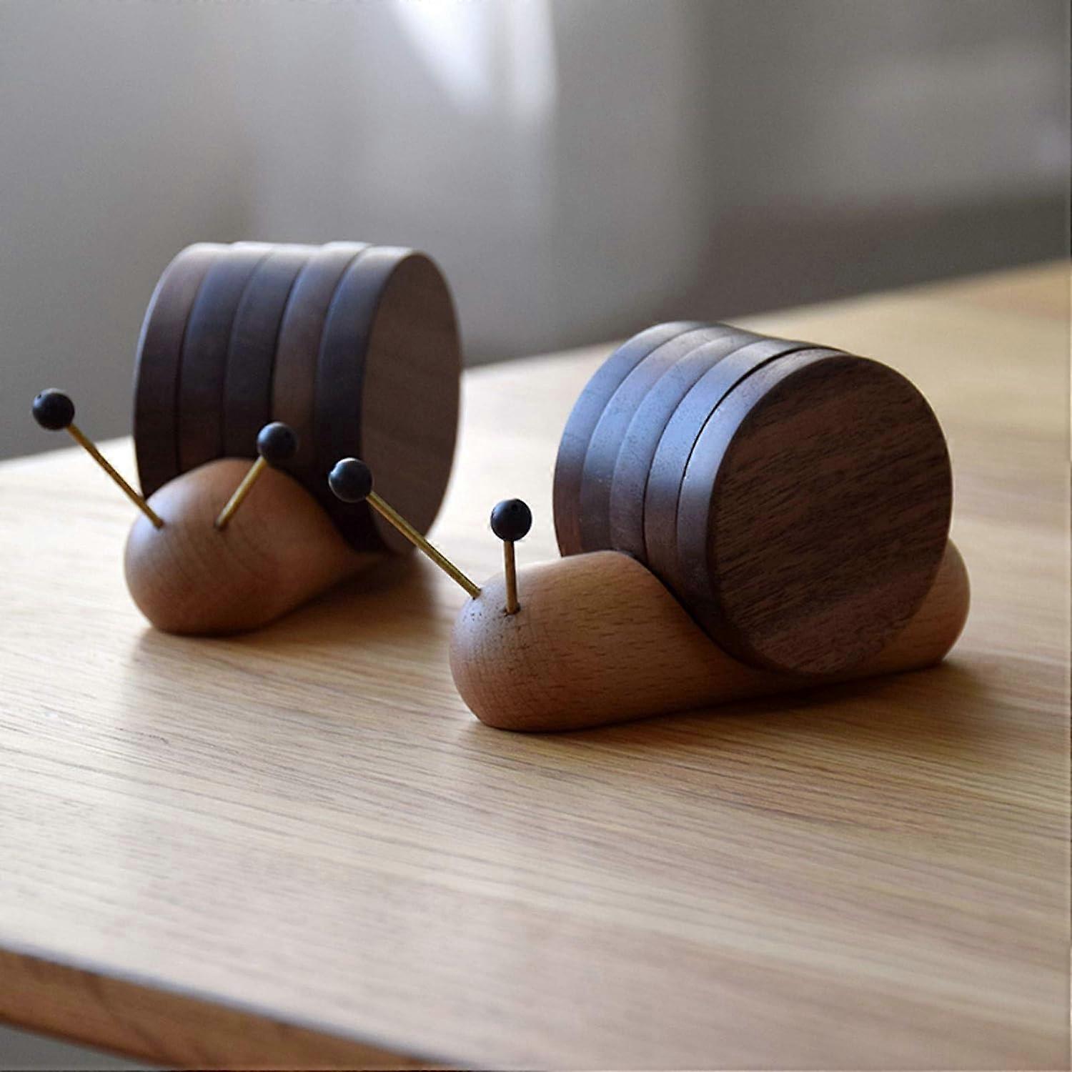 Round Wooden Coaster Set Funny Snail Shape Black Walnut - Image 5