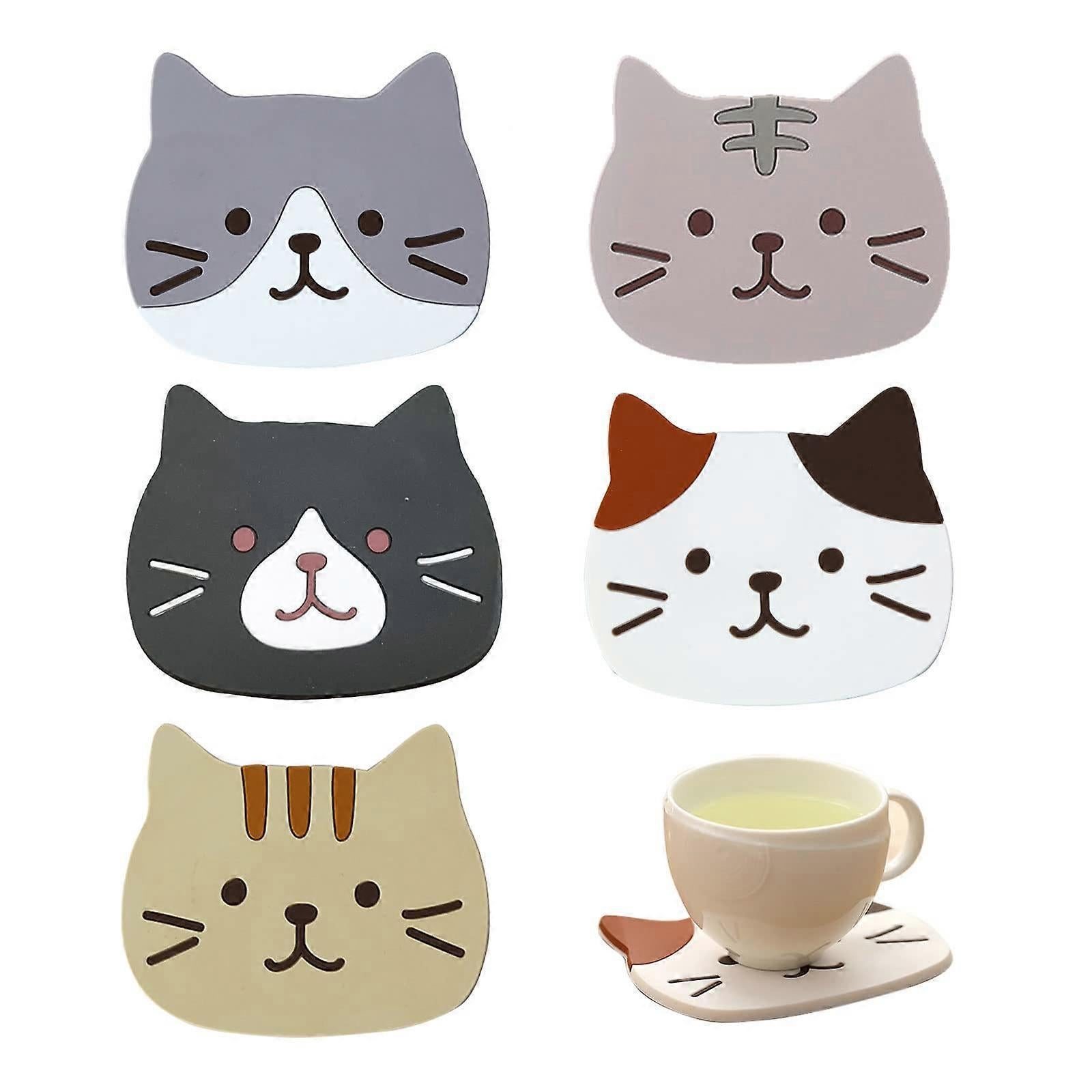 5pcs Cute Cartoon Cat Silicone Drink Coasters Decorative Table Coasters - Image 1