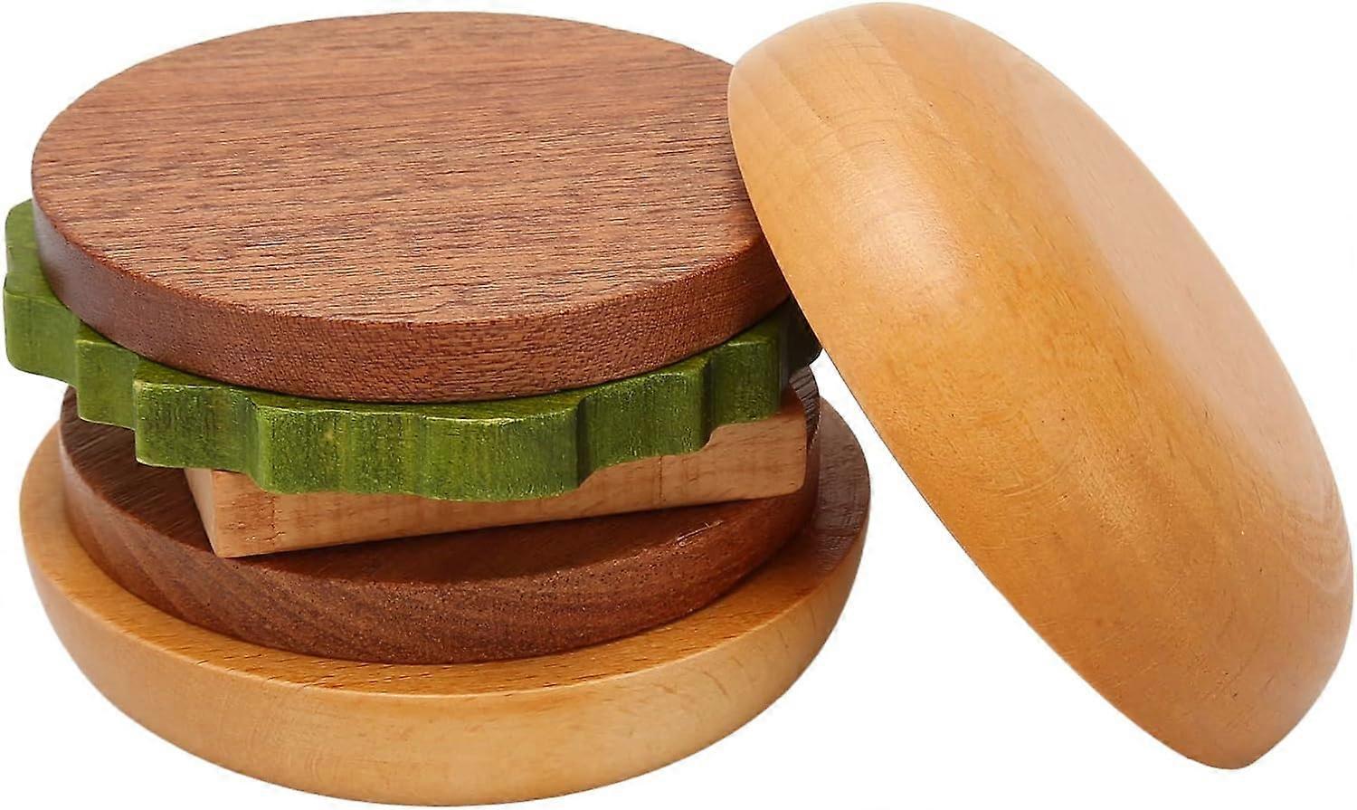Wooden Hamburger Drink Coaster Set Cute Heat Resistant - Image 1
