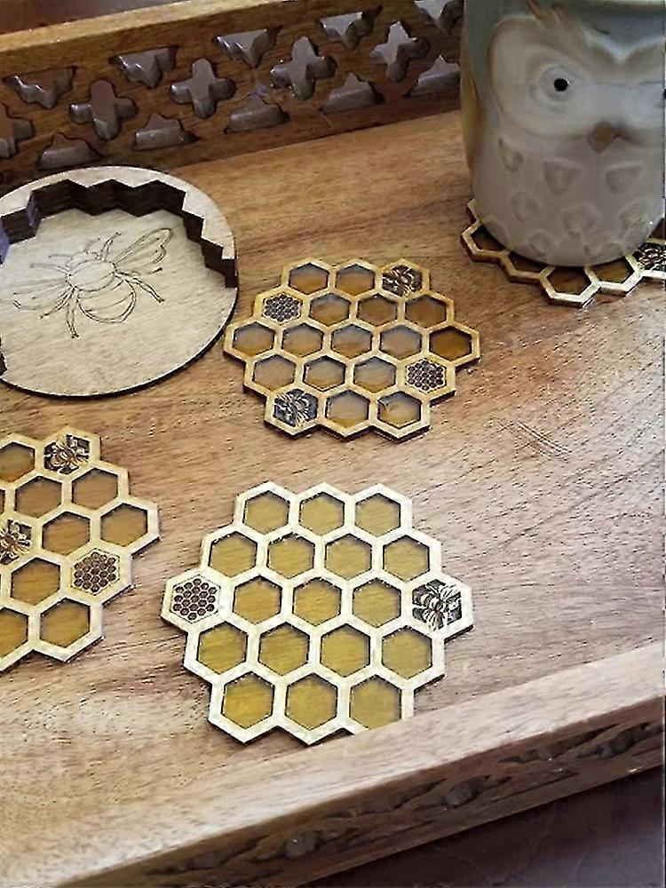 4pcs Wooden Hexagon Honeycomb Drink Coasters Set - Image 3