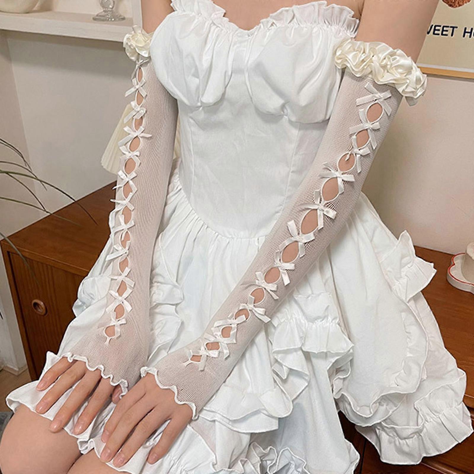 Lolita Arm Sleeves Fingerless Long Gloves Y2K JK Warmers White - Image 3