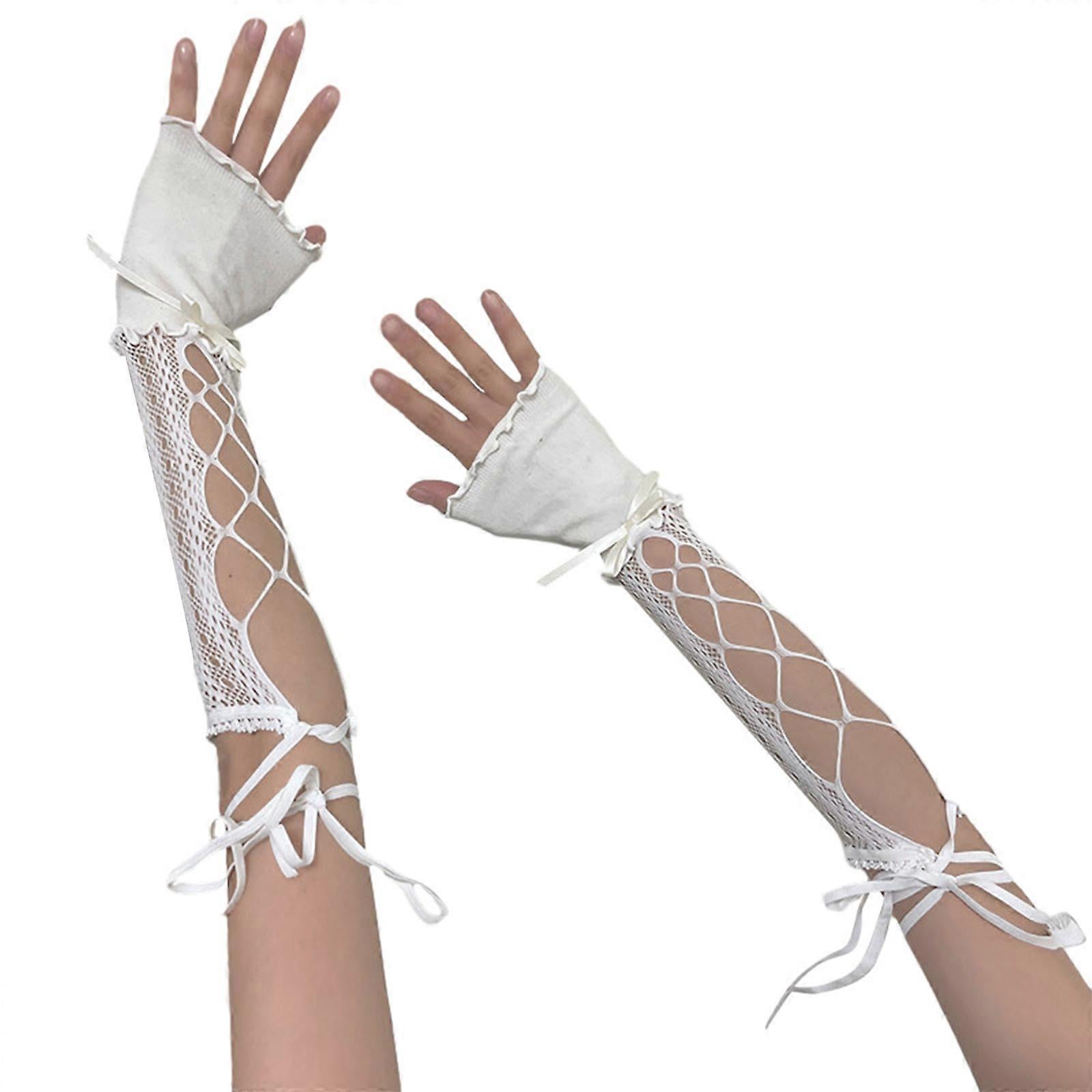 2000s Hollow Lace Up Arm Sleeves Summer Cooling Fashion White - Image 1