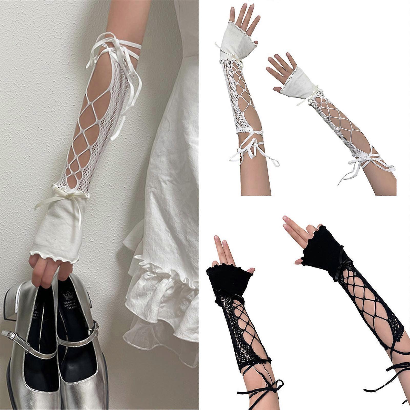 2000s Hollow Lace Up Arm Sleeves Summer Cooling Fashion White - Image 2