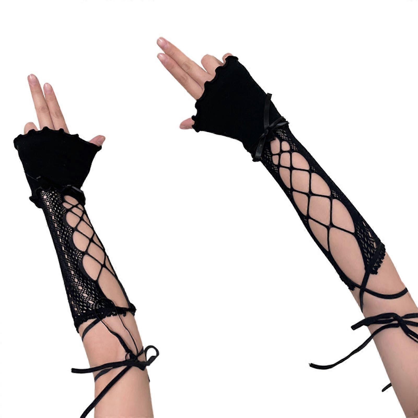 Half Finger Lace Arm Sleeves Decorative Hollow Design Black - Image 1