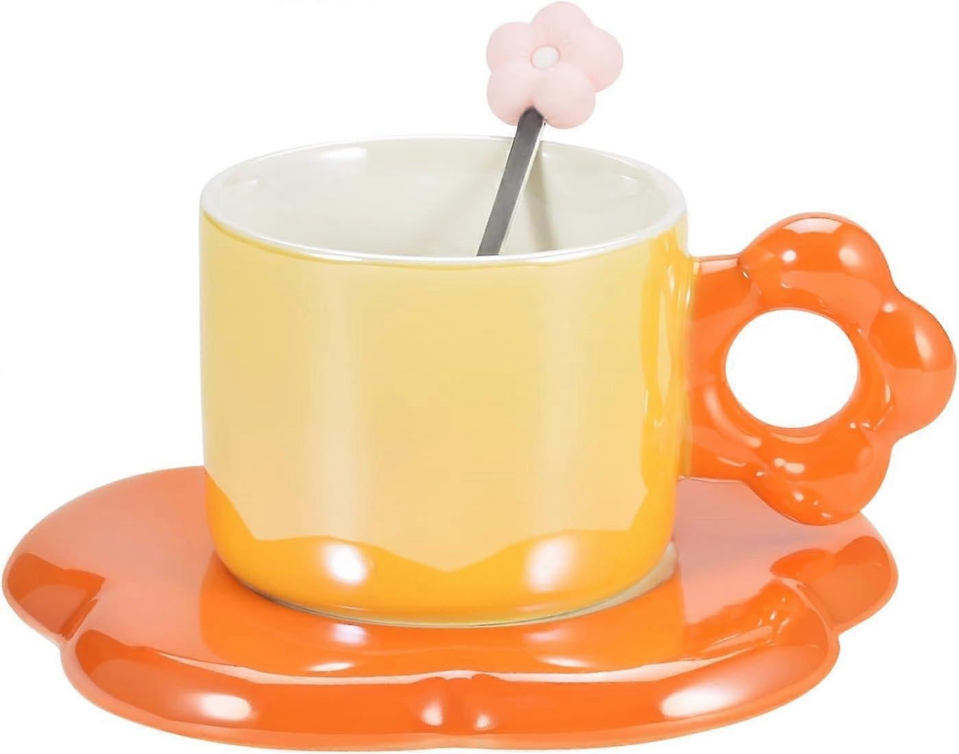 Ceramic Coffee Cup & Saucer Set Flower Mug Demitasse 10oz Pearl Orange - Image 1