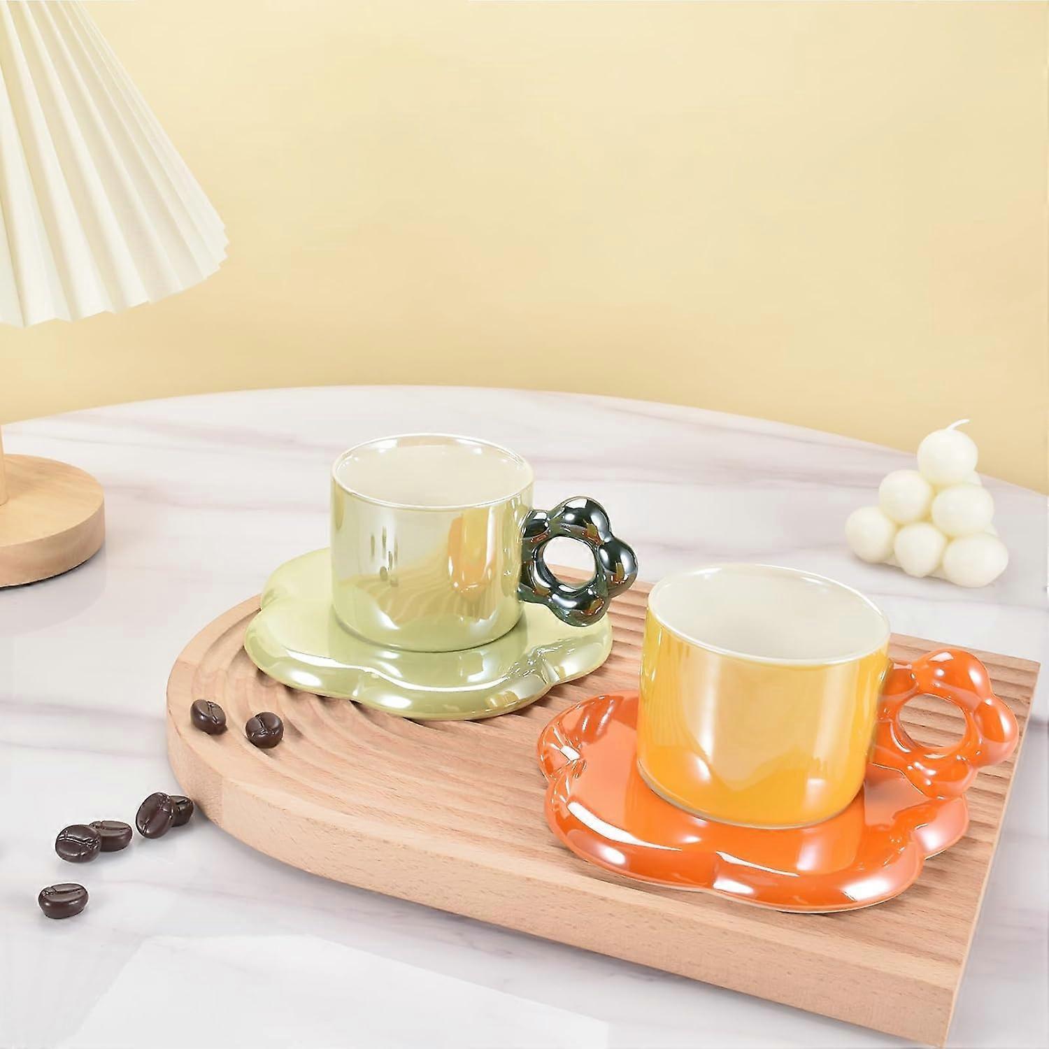Ceramic Coffee Cup & Saucer Set Flower Mug Demitasse 10oz Pearl Orange - Image 3