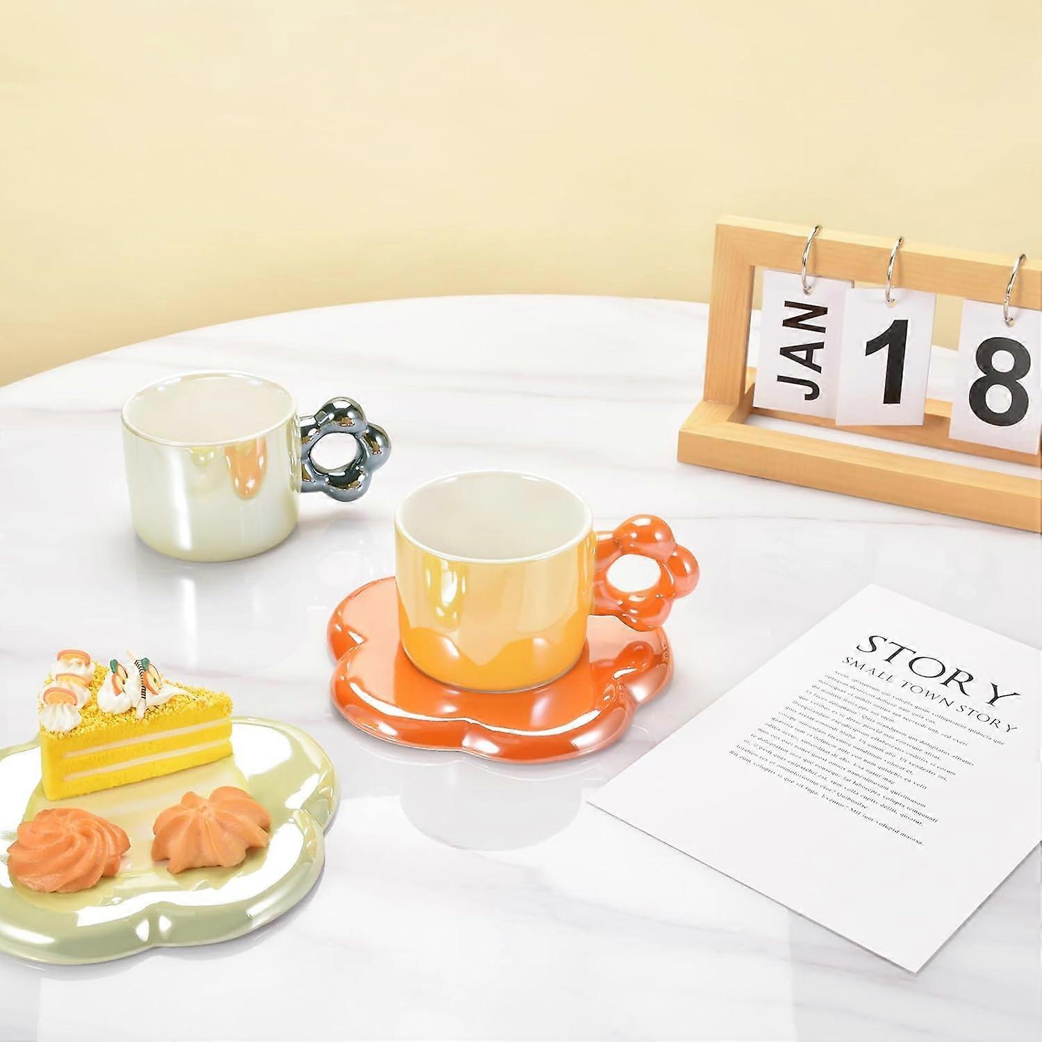 Ceramic Coffee Cup & Saucer Set Flower Mug Demitasse 10oz Pearl Orange - Image 4