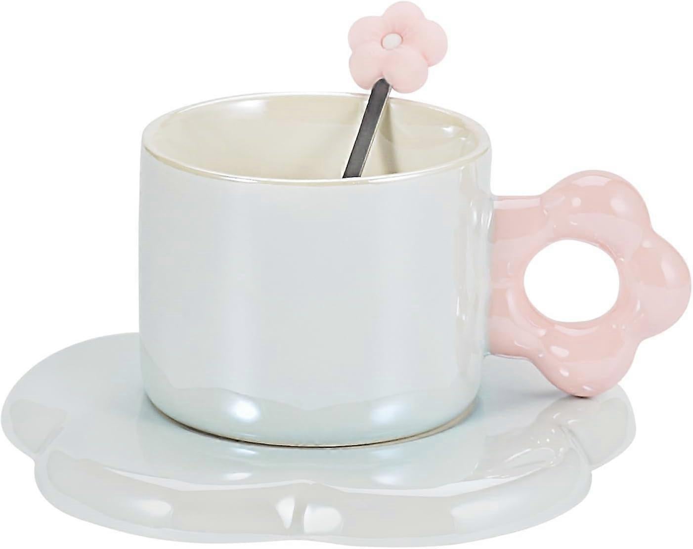 Ceramic Coffee Cup & Saucer Set Flower Mug Demitasse 10oz Pearl Blue - Image 1