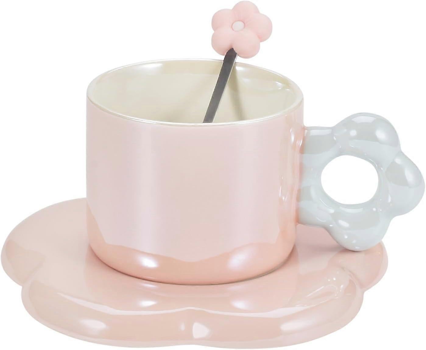 Ceramic Coffee Cup & Saucer Set Flower Mug Demitasse 10oz Pearl Pink - Image 1