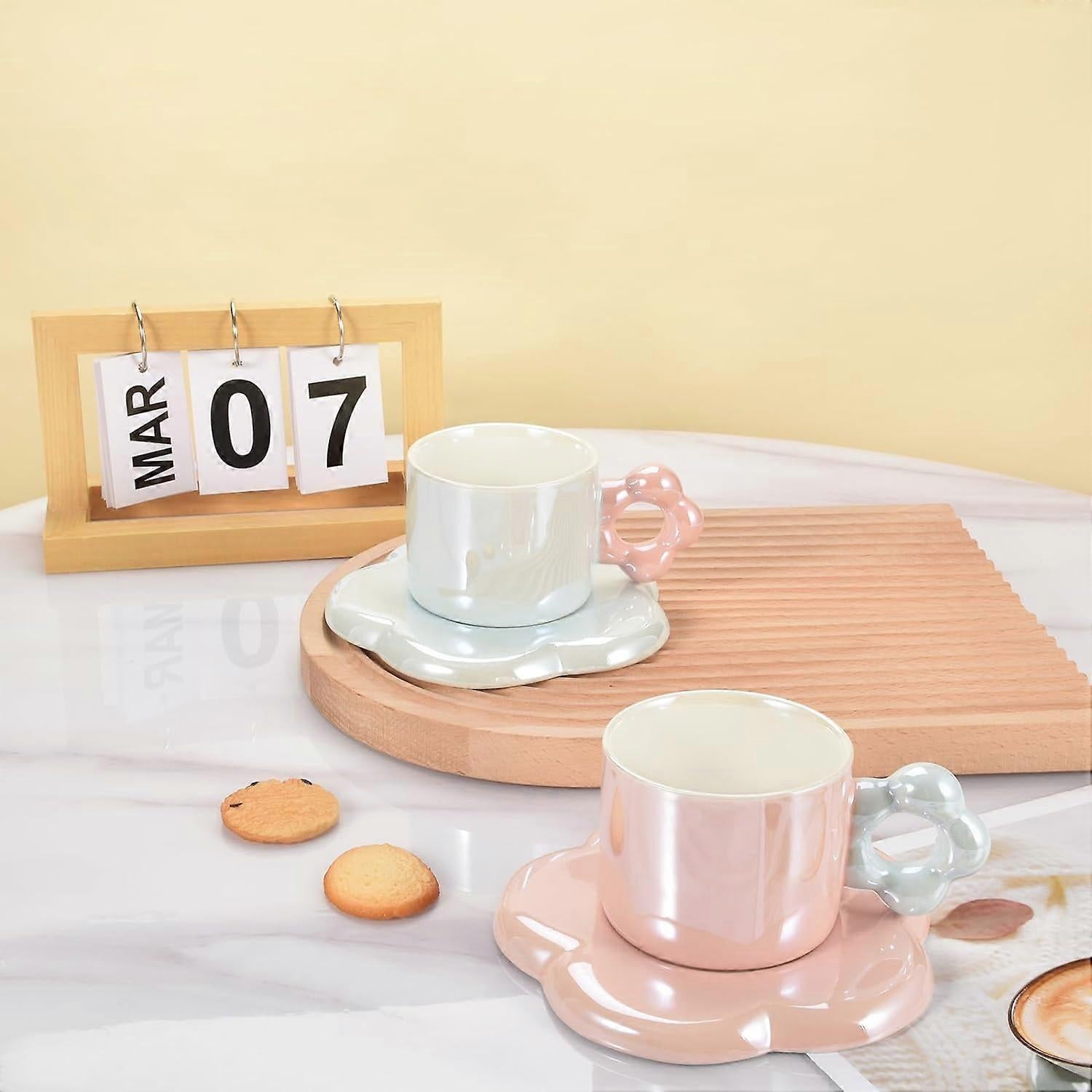 Ceramic Coffee Cup & Saucer Set Flower Mug Demitasse 10oz Pearl Pink - Image 3
