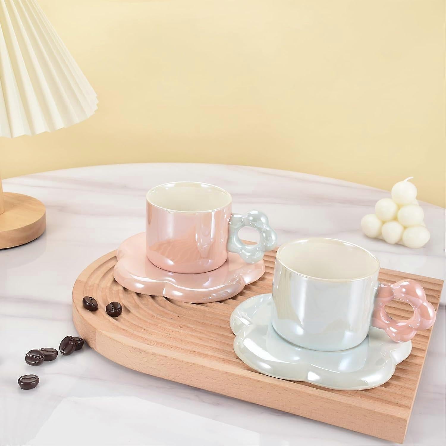 Ceramic Coffee Cup & Saucer Set Flower Mug Demitasse 10oz Pearl Pink - Image 4