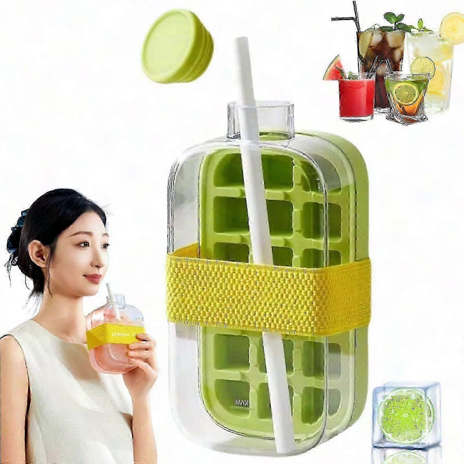 2-in-1 Ice Cube Tray Water Bottle with Straw Easy Release Freezer Bottle - Image 1
