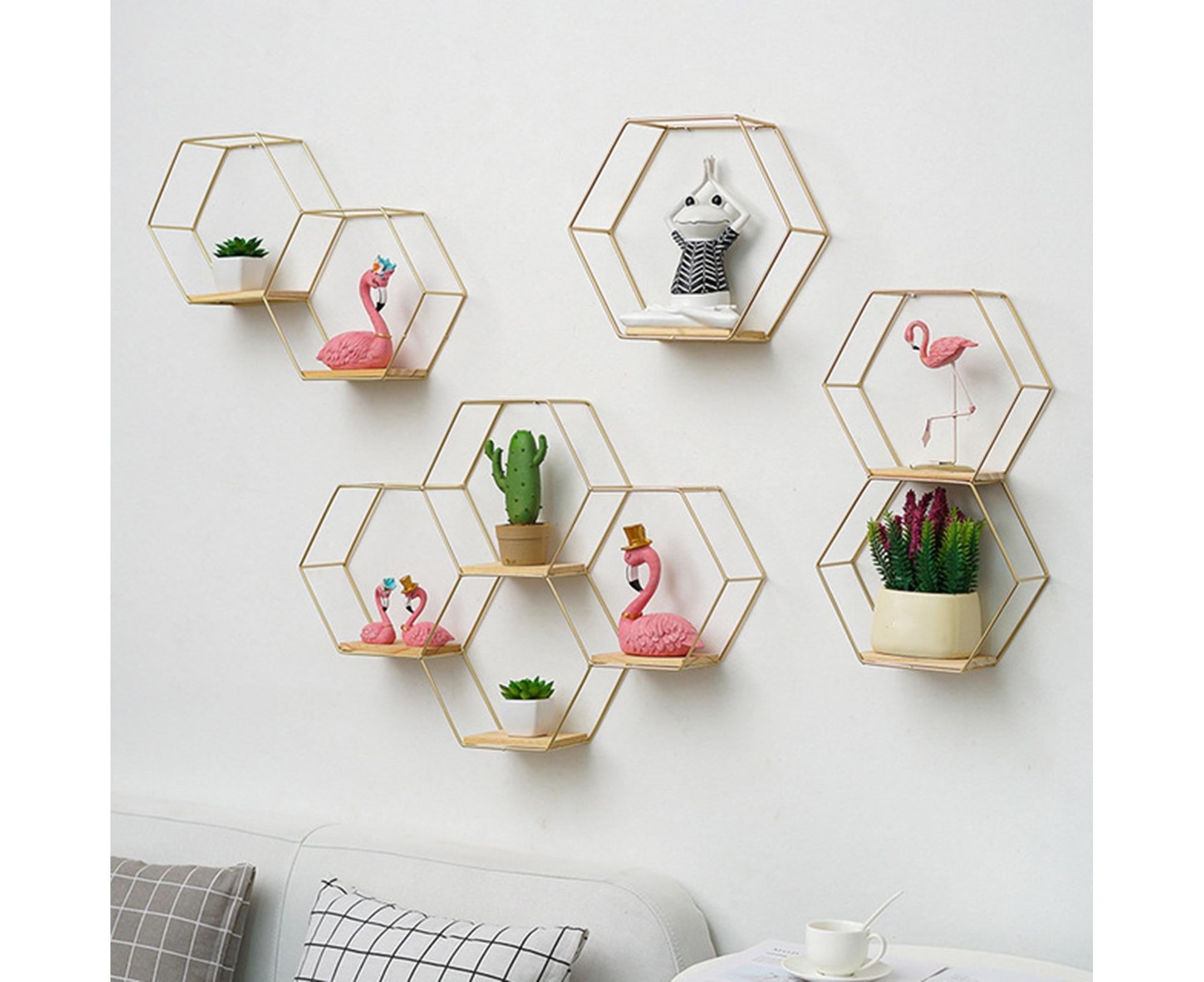 Nordic Hexagonal Iron Stand Small Pot Wall Holder Home Shelf Storage Holder-Golden M - Image 3