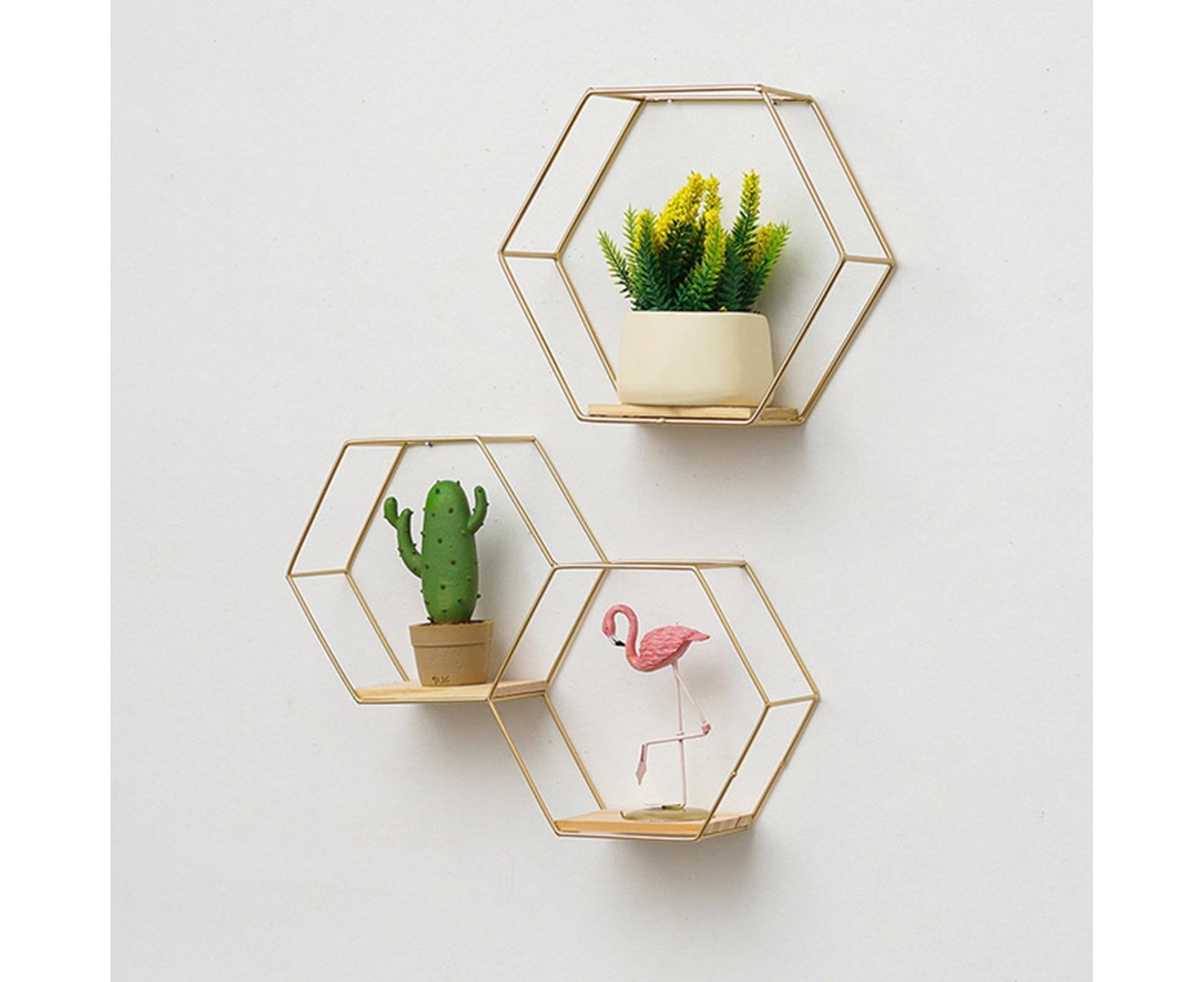Nordic Hexagonal Iron Stand Small Pot Wall Holder Home Shelf Storage Holder-Golden M - Image 5