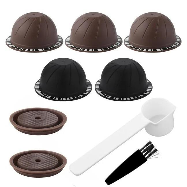 5Pcs Reusable Vertuo Coffee Pods with 2 Silicone Lids Spoon and Cleaning Brush - Image 1