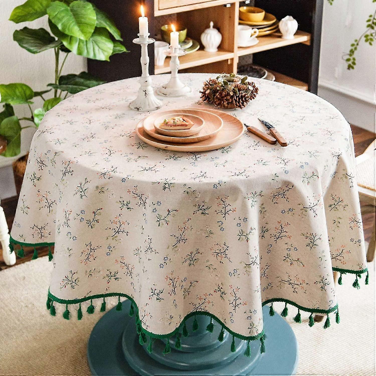 150cm Floral Printed Cotton Linen Round Tablecloth, Washable Fringed Round Table Cloth, Small Round Stain Proof Tablecloth Decorate Used For Dining Table - Image 1
