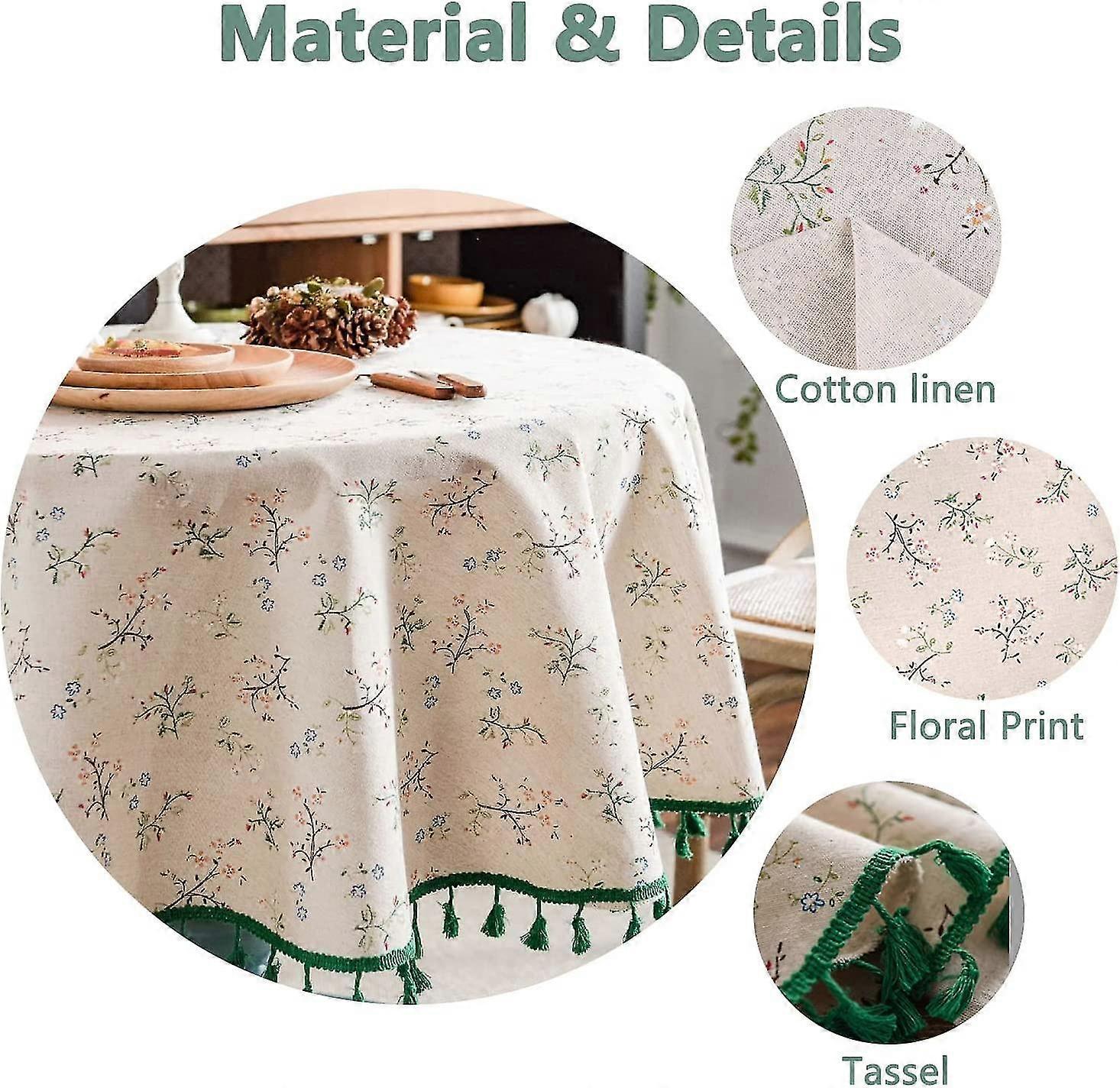 150cm Floral Printed Cotton Linen Round Tablecloth, Washable Fringed Round Table Cloth, Small Round Stain Proof Tablecloth Decorate Used For Dining Table - Image 2