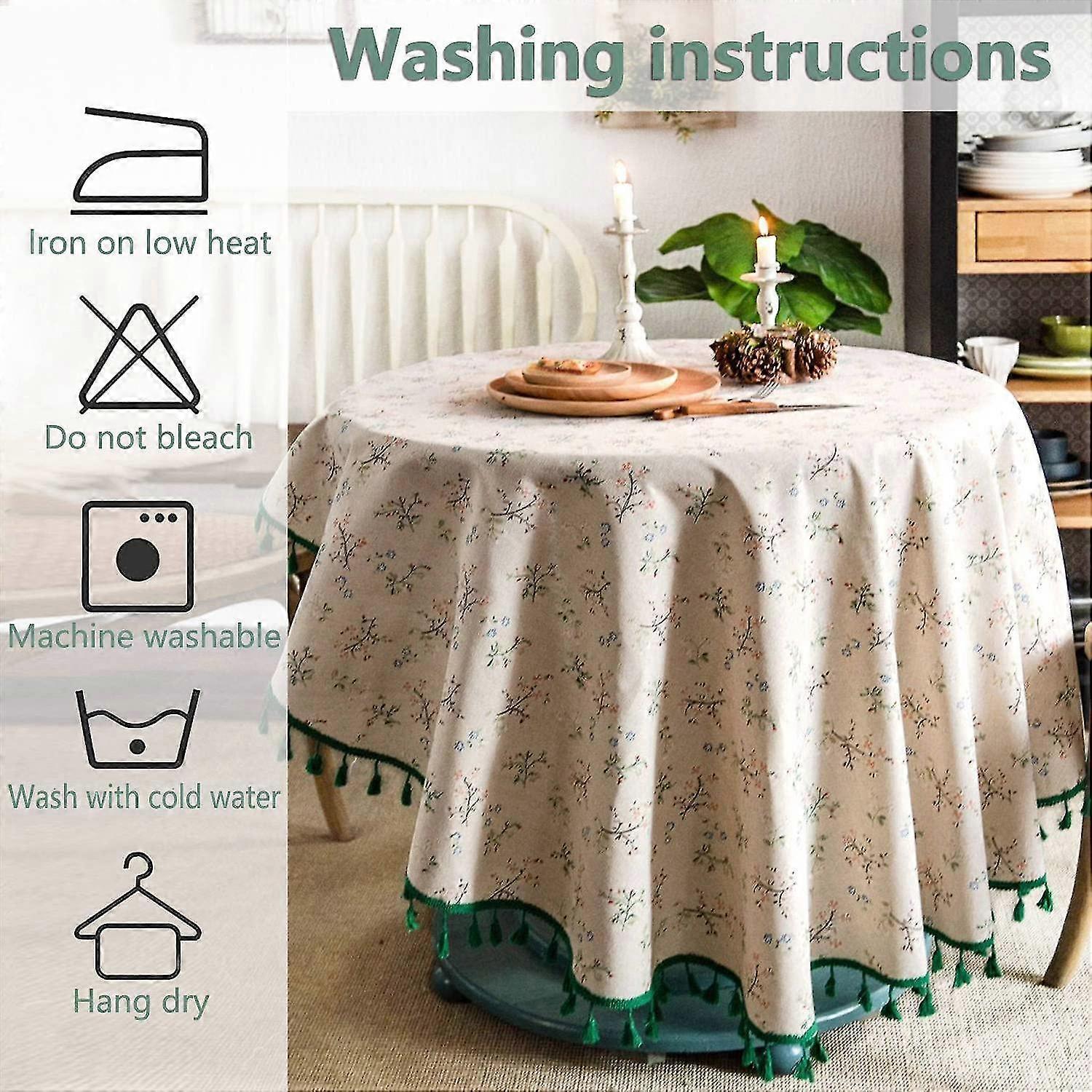 150cm Floral Printed Cotton Linen Round Tablecloth, Washable Fringed Round Table Cloth, Small Round Stain Proof Tablecloth Decorate Used For Dining Table - Image 3