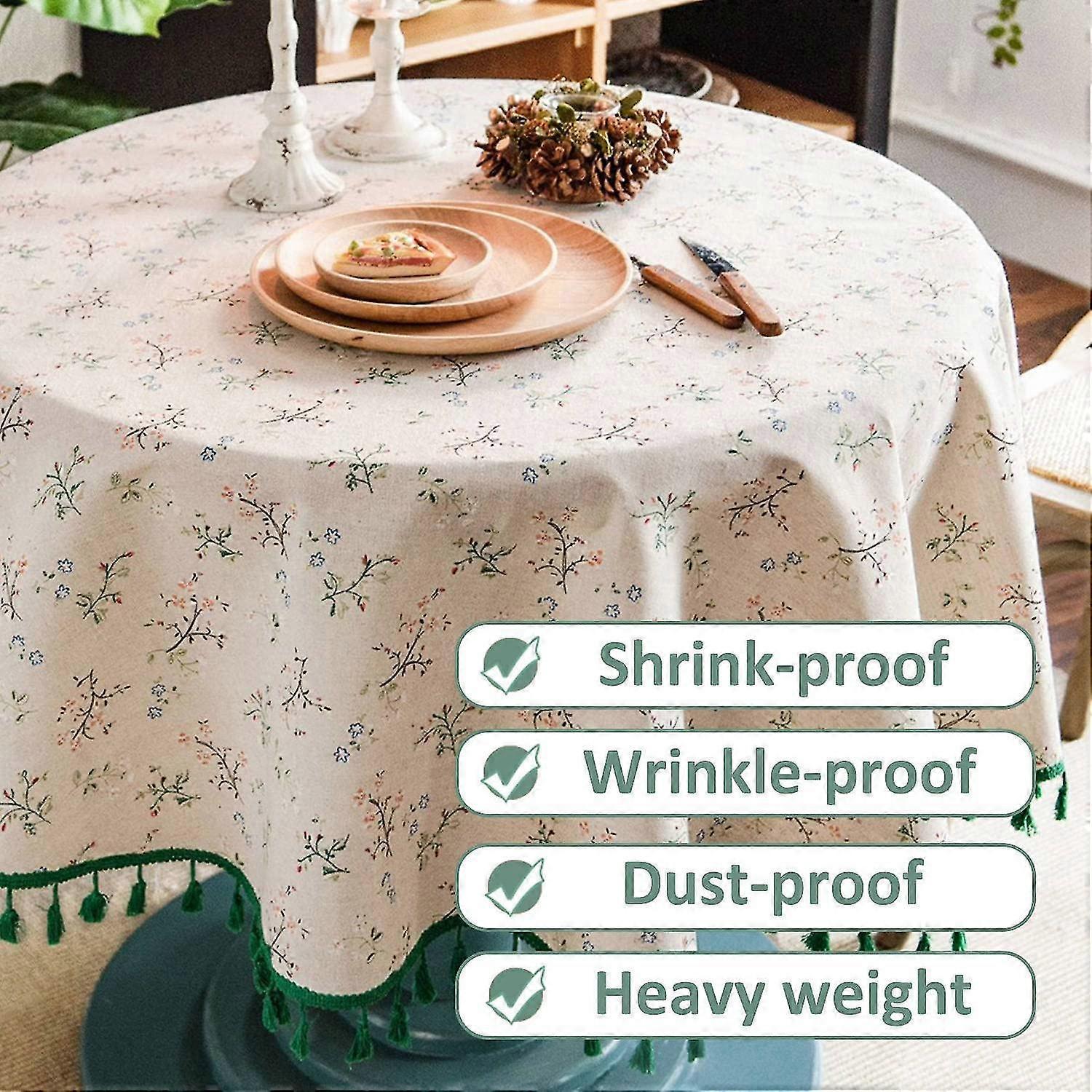 150cm Floral Printed Cotton Linen Round Tablecloth, Washable Fringed Round Table Cloth, Small Round Stain Proof Tablecloth Decorate Used For Dining Table - Image 4